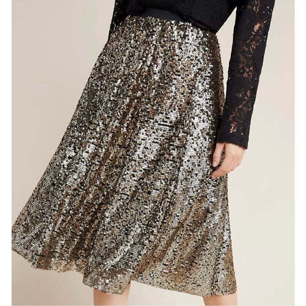 NEW Maeve Anthropologie Orleans Sequined Skirt A-line XXS Petite Gold